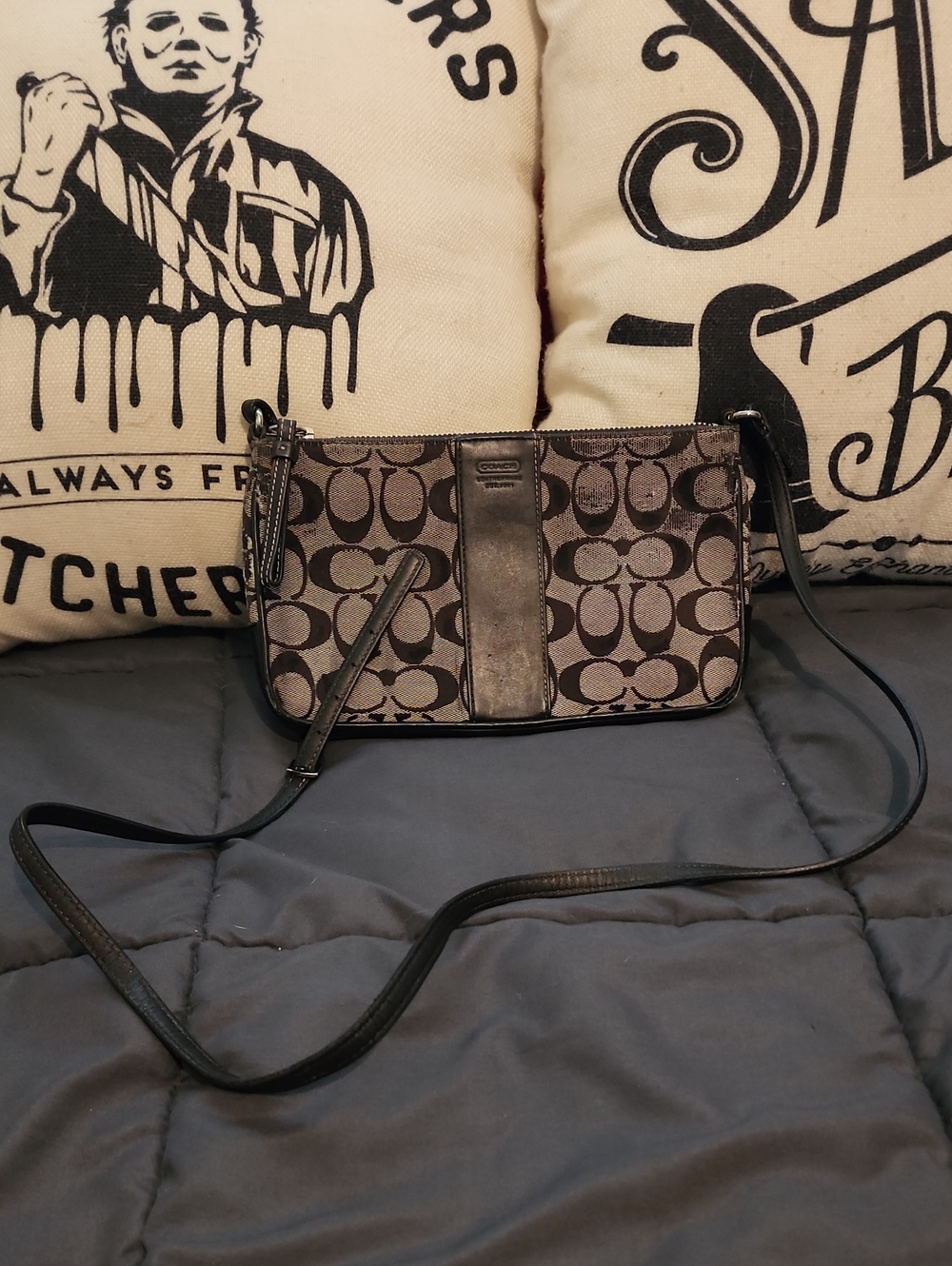 Authentic Coach Brown and Black Signature Crossbody Wallet Pouch